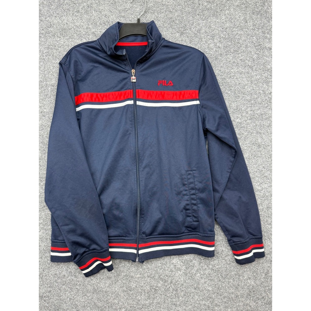 Fila Mens Track Jacket Navy Blue Red White Stripe Full Zip Mock Neck Sportswear